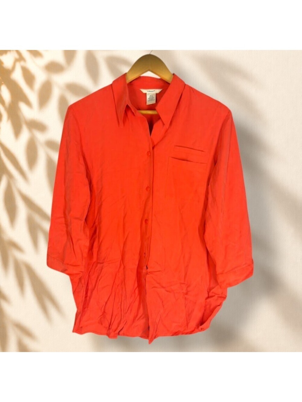 Edward Shirt Women M Medium Orange Button Up Silk Collared 3/4 Sleeve Casual